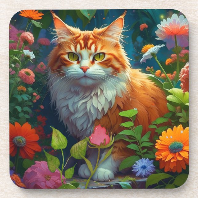 Cute Orange Cat in Flowers  Beverage Coaster (Front)