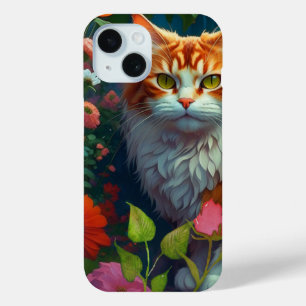 Cute Orange Cat in Flowers  iPhone 15 Case