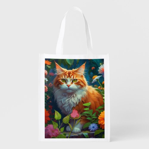 Cute Orange Cat in Flowers  Grocery Bag