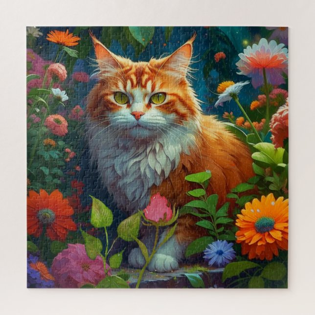 Cute Orange Cat in Flowers  Jigsaw Puzzle (Vertical)