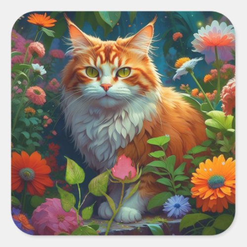 Cute Orange Cat in Flowers Keeping in Touch Square Sticker
