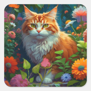 Cute Orange Cat in Flowers Keeping in Touch Square Sticker