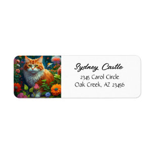 Cute Orange Cat in Flowers  Label