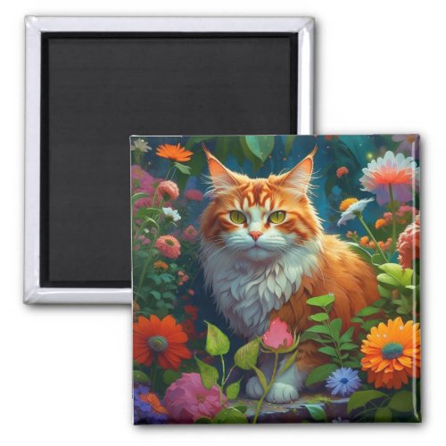 Cute Orange Cat in Flowers  Magnet