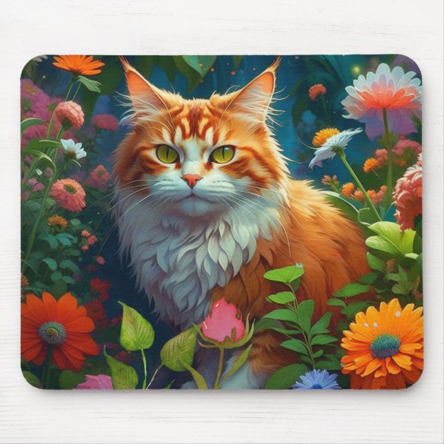 Cute Orange Cat in Flowers  Mouse Pad (Front)