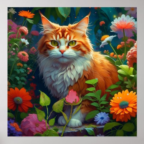 Cute Orange Cat in Flowers  Poster