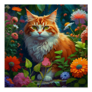Cute Orange Cat in Flowers Poster