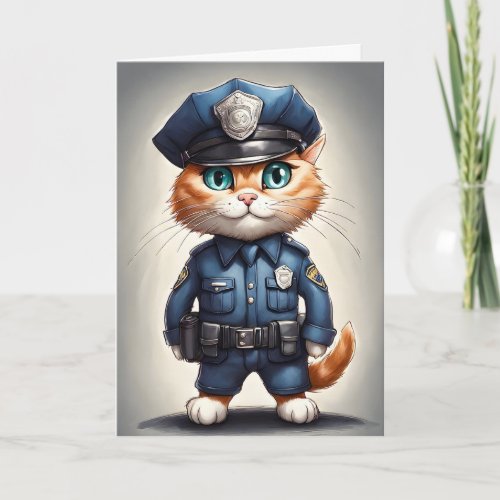 Cute Orange Cat in Police Uniform Watercolor Art Card