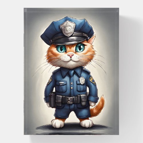 Cute Orange Cat in Police Uniform Watercolor Art Paperweight