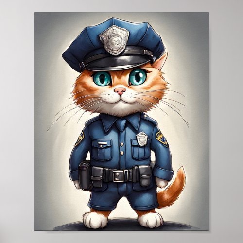 Cute Orange Cat in Police Uniform Watercolor Art Poster