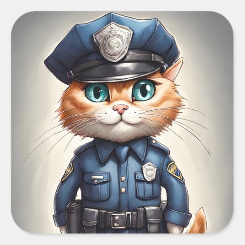 Cute Orange Cat in Police Uniform Watercolor Art Square Sticker