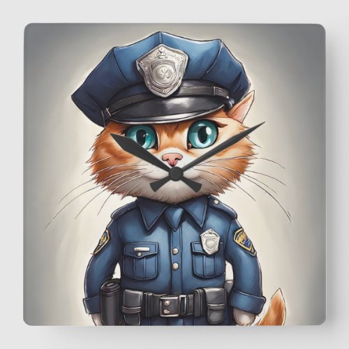 Cute Orange Cat in Police Uniform Watercolor Art Square Wall Clock