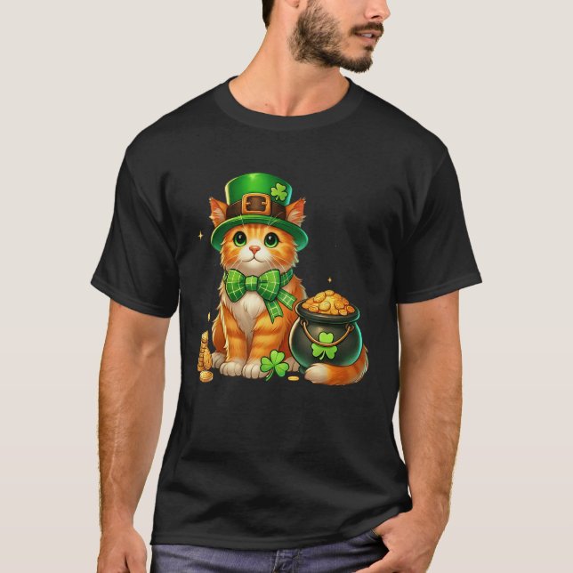 Cute Orange Cat Leprechaun St Patricks Day Shamroc T-Shirt (Front)