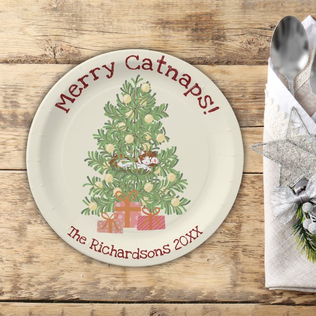 Cute Orange Cat on Chistmas Tree Merry Catnaps!  Paper Plates (Creator Uploaded)