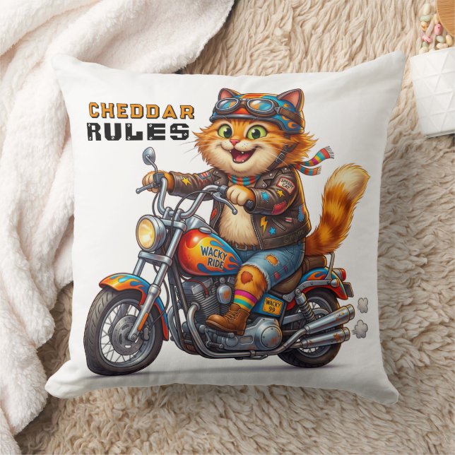 Cute Orange Cat On Motorcycle Throw Pillow (Blanket)