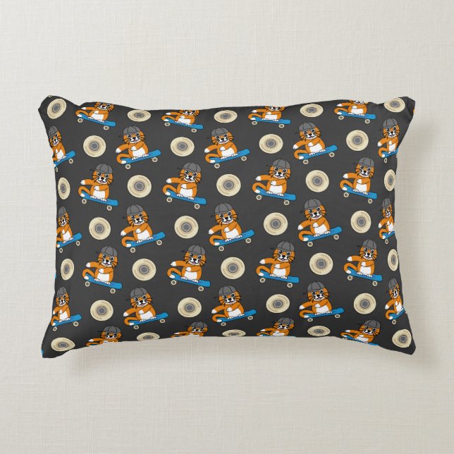 Cute Orange Cat on Skateboard Cartoon Accent Pillow (Front)