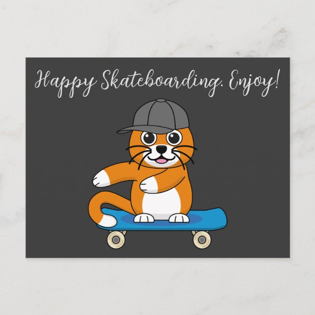 Cute Orange Cat on Skateboard Cartoon | Add Text Holiday Postcard (Front)