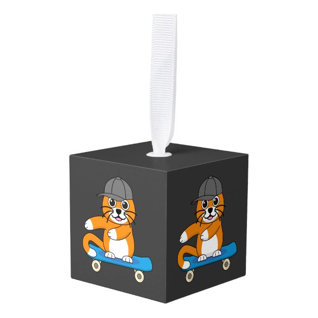 Cute Orange Cat on Skateboard Cartoon Cube Ornament (Front Angled)