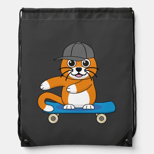 Cute Orange Cat on Skateboard Cartoon Drawstring Bag (Front)