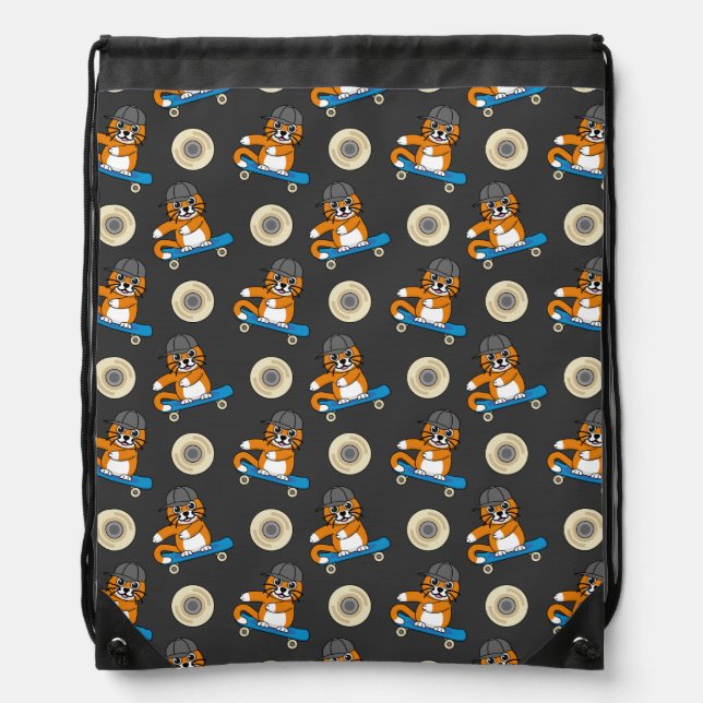 Cute Orange Cat on Skateboard Cartoon Drawstring Bag (Front)
