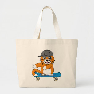 Cute Orange Cat on Skateboard Cartoon Large Tote Bag