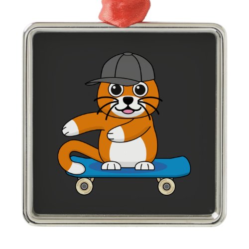 Cute Orange Cat on Skateboard Cartoon Metal Ornament