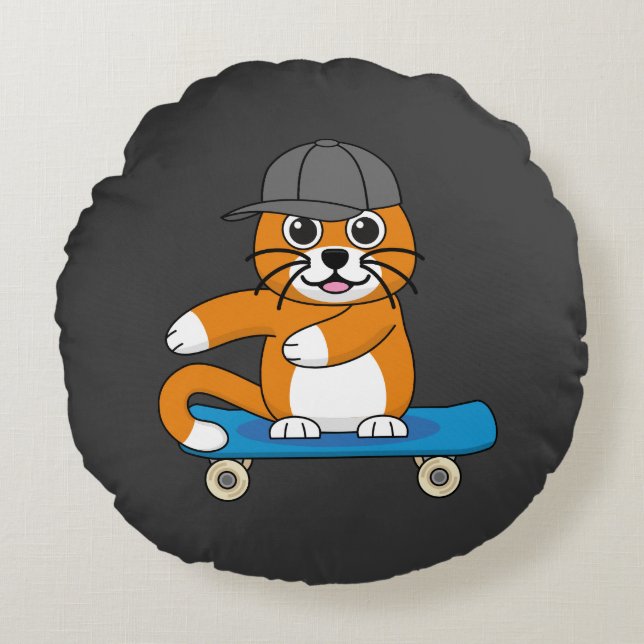 Cute Orange Cat on Skateboard Cartoon Round Pillow (Front)