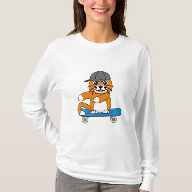 Cute Orange Cat on Skateboard Cartoon T-Shirt (Front)