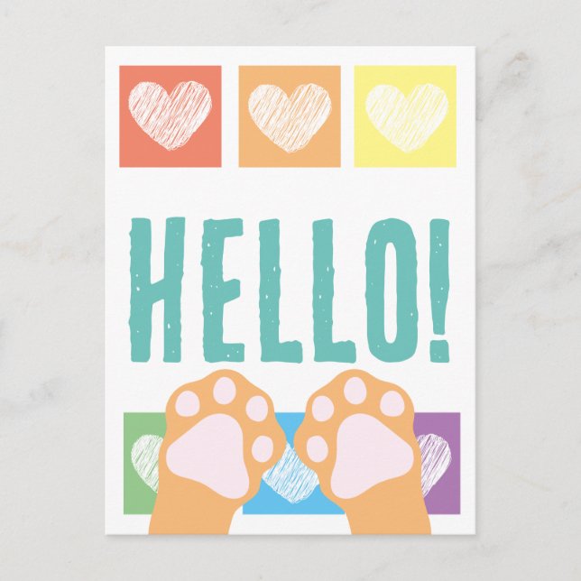Cute Orange Cat Paws Up Rainbow Hearts Hello Postcard (Front)