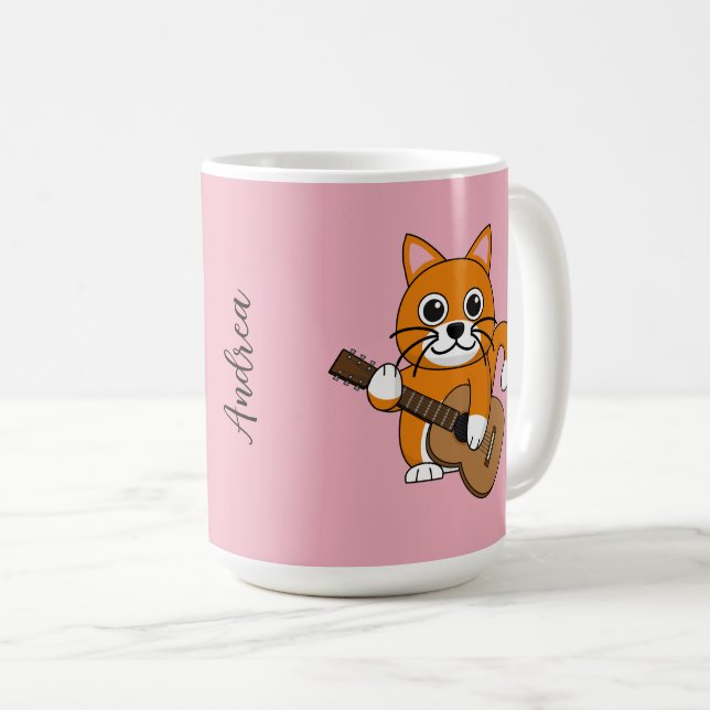 Cute Orange Cat Playing Guitar Cartoon | Add Name Coffee Mug (Front Right)