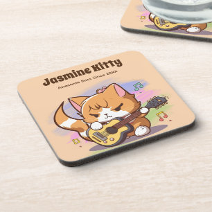 Cute Orange Cat Playing Guitar (Personalize) Beverage Coaster