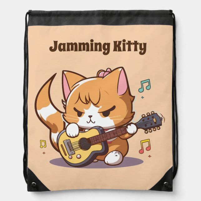 Cute Orange Cat Playing Guitar (Personalize) Drawstring Bag (Front)