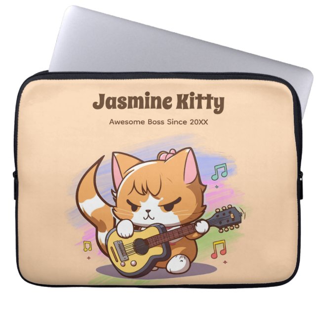 Cute Orange Cat Playing Guitar (Personalize) Laptop Sleeve (Front)