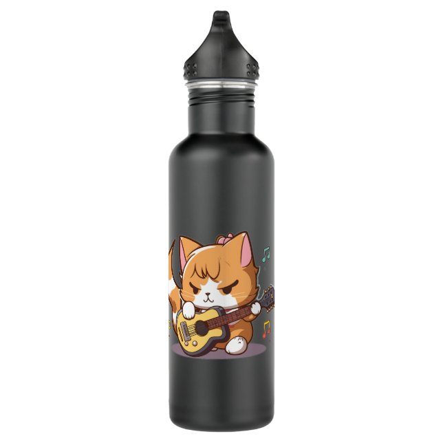 Cute Orange Cat Playing Guitar Stainless Steel Water Bottle (Right)
