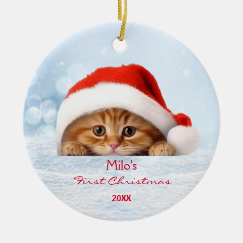 Cute Orange Cat Red Santa Hat Paw Personalized  Ceramic Ornament