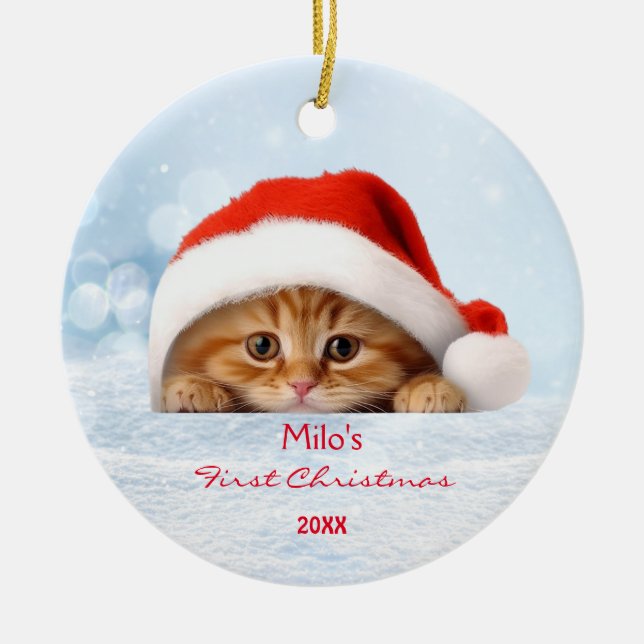 Cute Orange Cat Red Santa Hat Paw Personalized  Ceramic Ornament (Front)