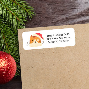 Cute Orange Cat Santa Hat Christmas Return Address Label