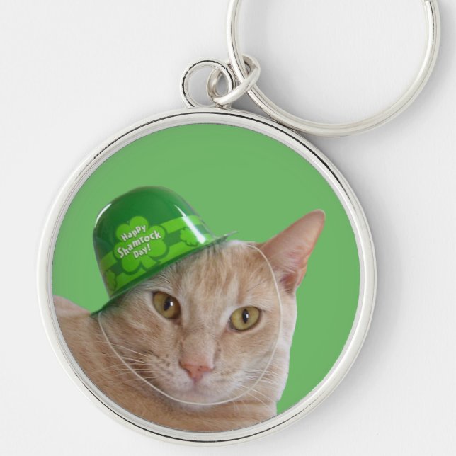 Cute Orange Cat Wearing a Green Irish Hat Keychain (Front)