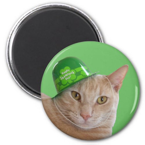 Cute Orange Cat Wearing a Green Irish Hat Magnet