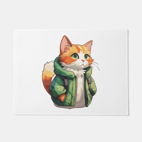 cute orange cat wearing green jacket   doormat