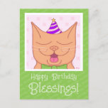 Cute Orange Cat With Birthday Hat Blessings Postcard