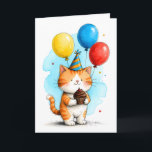 Cute Orange Cat with Cupcake Kid's Happy Birthday Card<br><div class="desc">This cute orange and white kitty cat is here to wish a Happy Birthday with bright balloons of yellow, blue, and red; a yummy chocolate cupcake; and, of course, a blue and orange party hat. This card is a perfect celebration for the young or the young-at-heart in your life. The...</div>