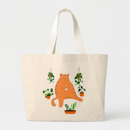 Cute Orange Cat With Plant Cute Cat Gift Large Tote Bag