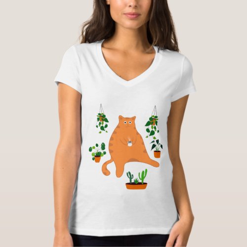Cute Orange Cat With Plant Cute Cat Gift T_Shirt