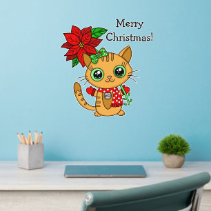 Cute Orange Cat with Poinsettia Christmas Wall Decal