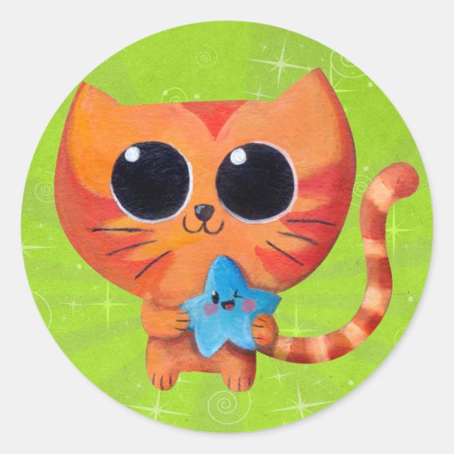 Cute Orange Cat with Star Classic Round Sticker (Front)