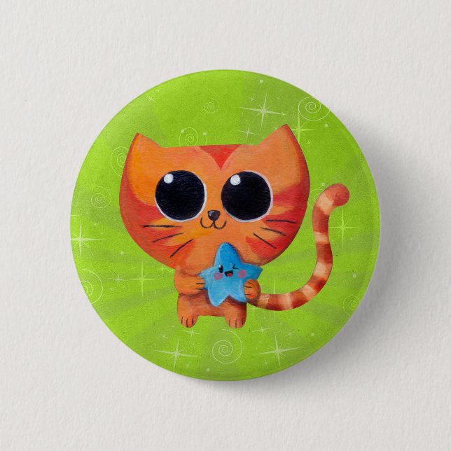 Cute Orange Cat with Star Pinback Button (Front)