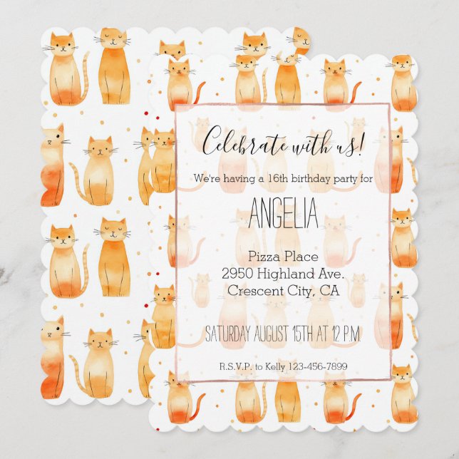 Cute Orange Cats and Dots Invitation (Front/Back)