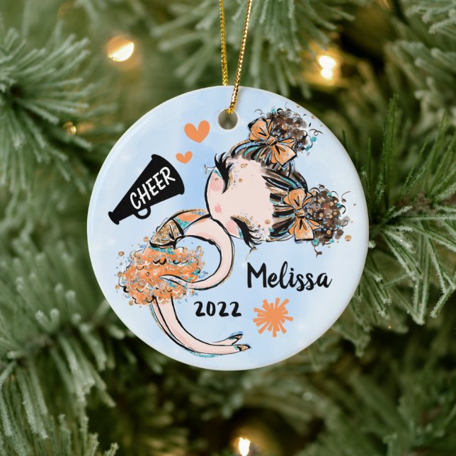 Cute Orange Cheerleader Girl Ornament Brown Hair (Tree)