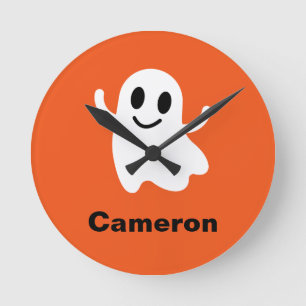 Cute Orange Circle Smiling Halloween Ghost Round Clock